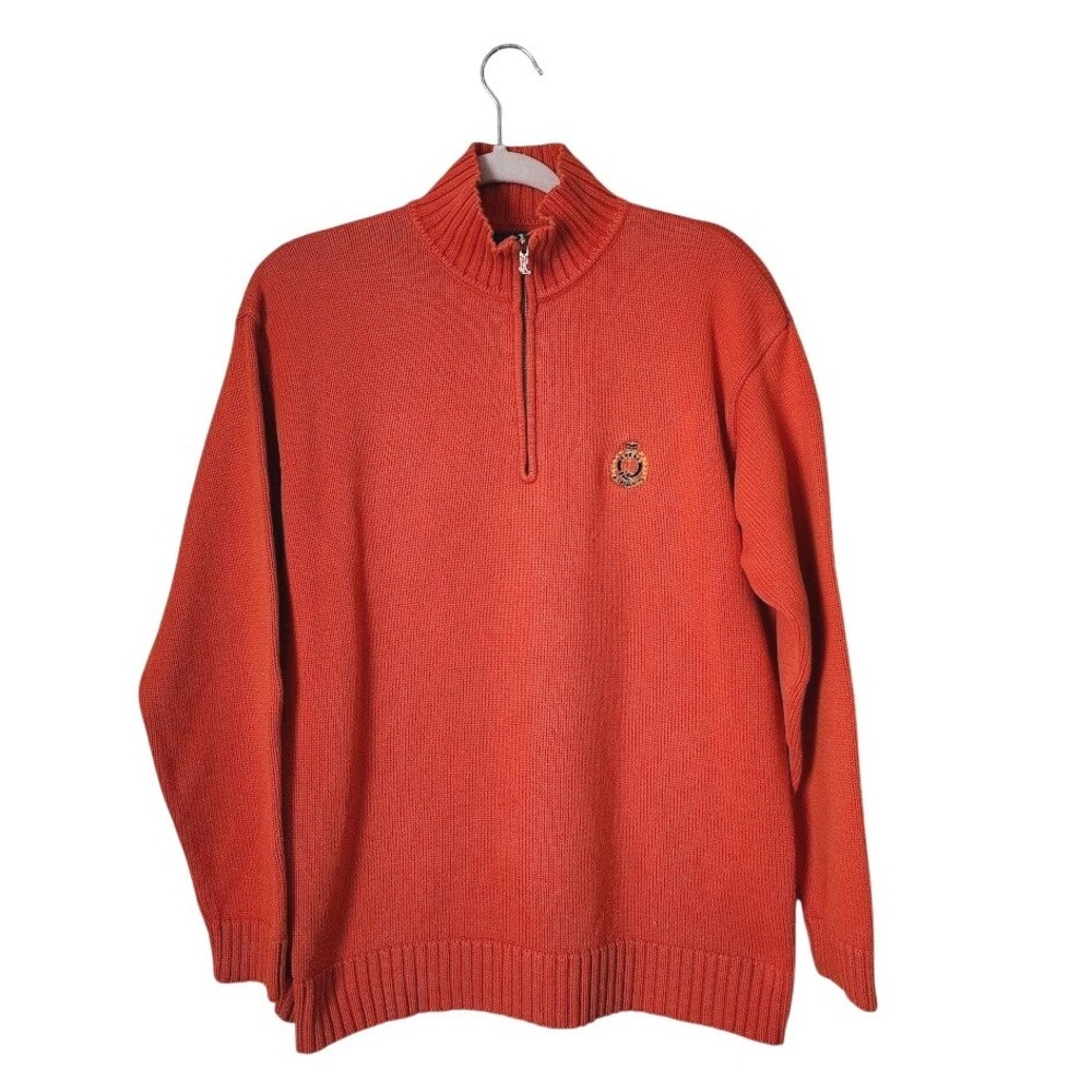 LAUREN RALPH LAUREN VTG 1/4 zip cotton knit sweater in orange monogram crest L